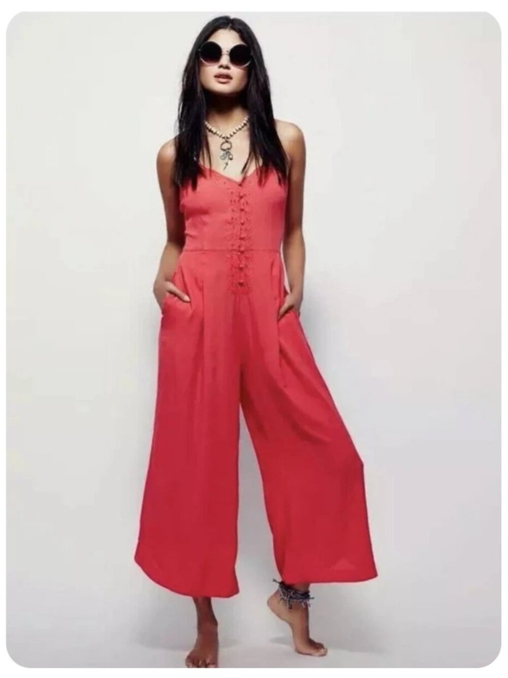 Free People Eileen Lace Spaghetti Strap Jumpsuit sz 6
